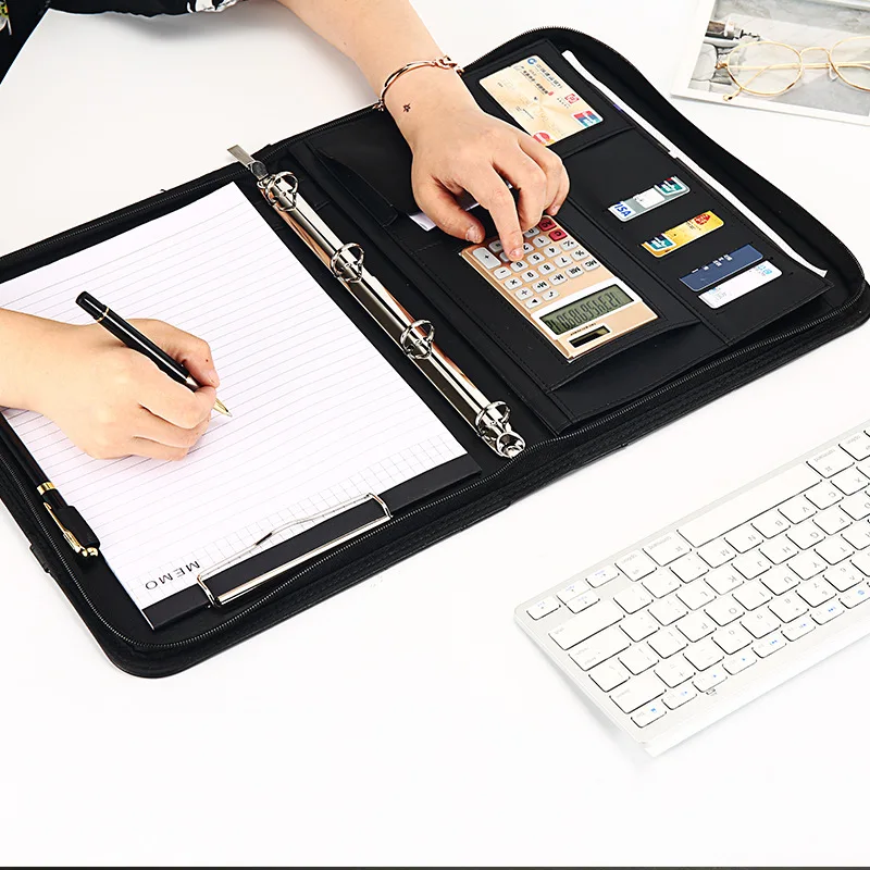 

A4 Zipper Folder PU Leather Multifunction File Bag Calculator Binder Business Pad Manager Briefcase Office Supplies DorpShipping
