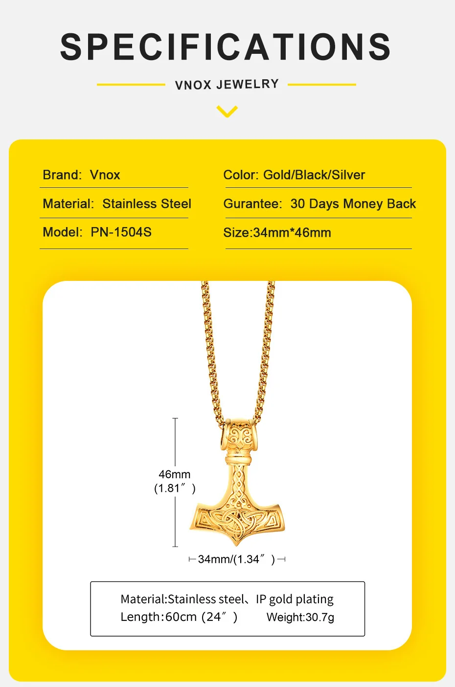 Vnox Vintage Herren nordische Wikinger-Halsketten, Rock Punk Retro Thor Mjolnir Hammer Anhänger, skandinavisches nordisches Amulett Runen-Halsschmuck – Detail 5