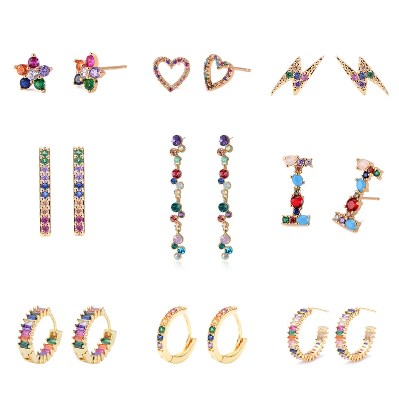 

2 pieces of CZ earrings rainbow gold moon letter earrings women's Korean earrings zirconia crystal charm Valentine's Day Gift