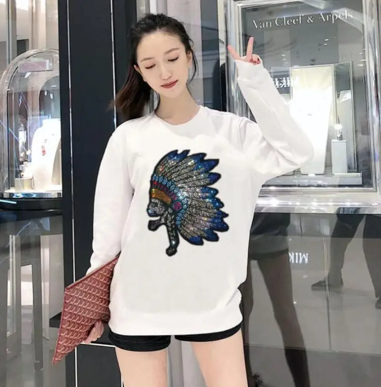 

Autumn Fashion Rhinestones Hoodies Women Girls Solid Long Sleeve Top Blouse Sweatshirt Loose Hoody