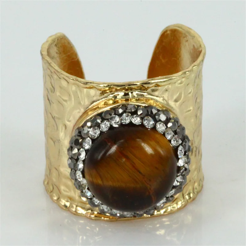 

rhinestone paved tiger eye stone bead charm wrapped adjustable wide open hammered gold ring cuff for woman man