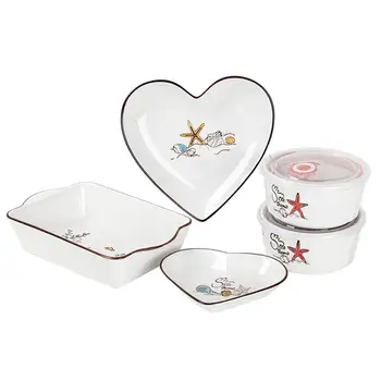 

Adeeing 5Pcs/Set Ceramic Tableware Heart Sea Starfish Insulated Bowl Baking Plate Dinnerware Set