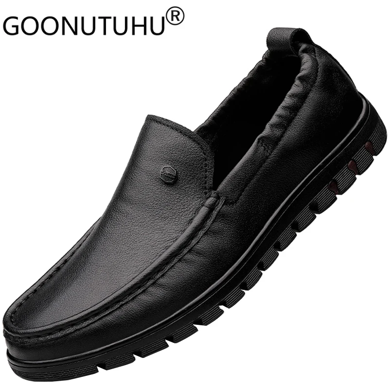 

Мужские повседневные лоферы из натуральной кожи, черные классические слипоны, плюшевая обувь для вождения, для зимы, 2022