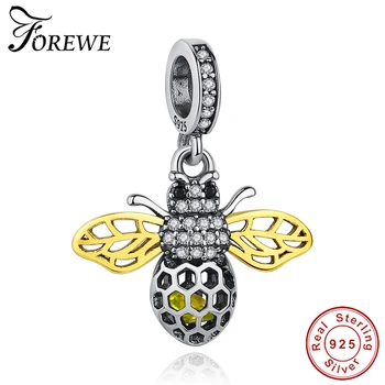 

Genuine 925 Sterling Silver Beads Crystal Bee Luminous CZ Gold Charm Fit Original Pandora Charm Silver 925 Bracelets DIY Jewelry
