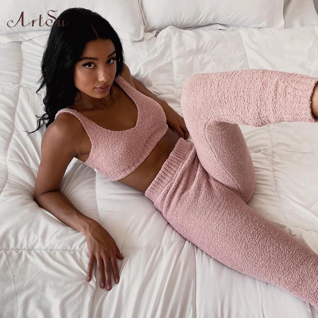 Artsu Winter Fur Two Piece Outfits Sexy Backless Crop Tops Women Outfits Matching Set Top and High Waist Pants Party Clubwear 3