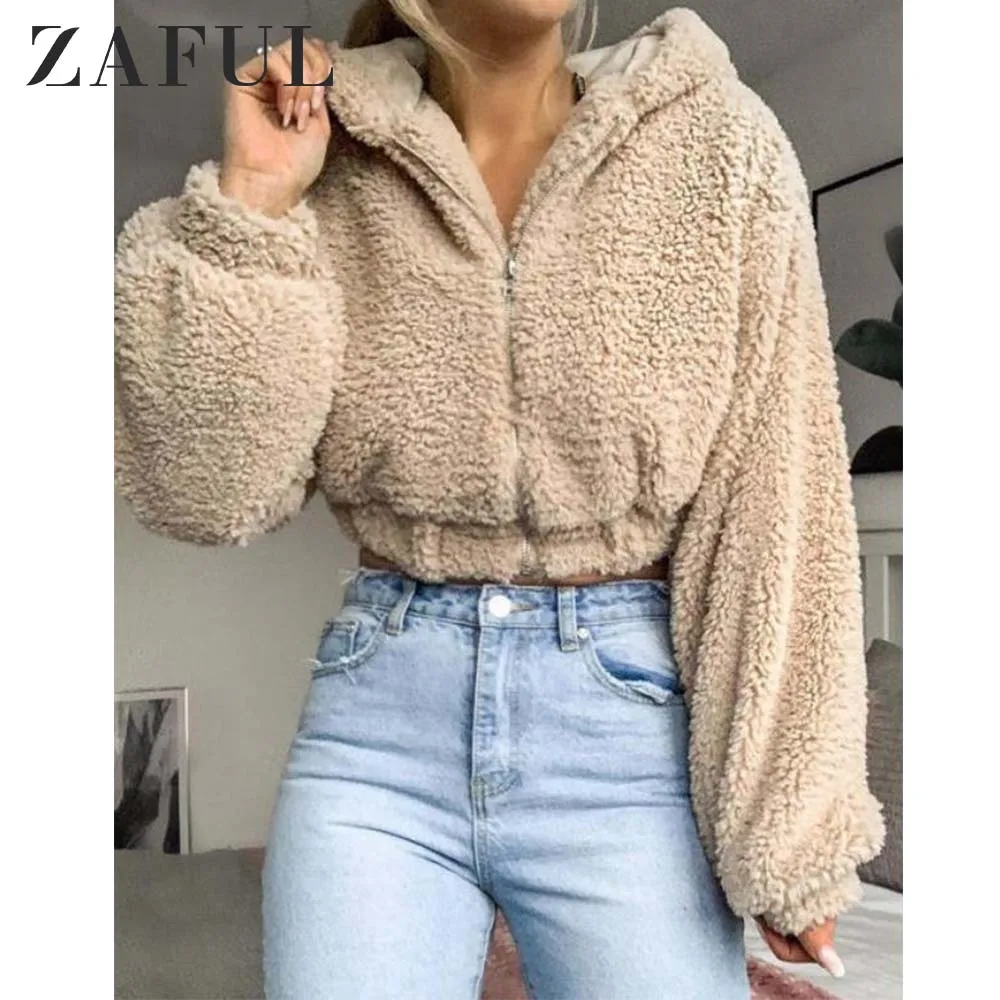 Женская пушистая куртка на молнии ZAFUL с капюшоном из искусственной овчины