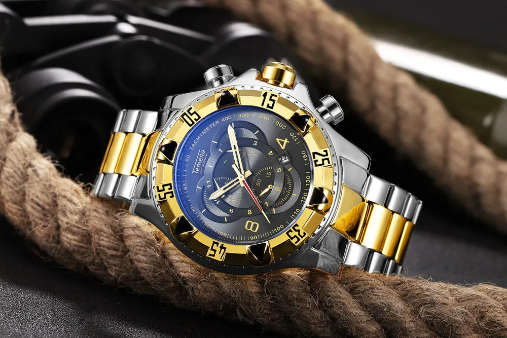Военные мужские часы из нержавеющей стали, водонепроницаемые спортивные часы с хронографом, Мужские кварцевые часы с большим циферблатом, золотые мужские часы