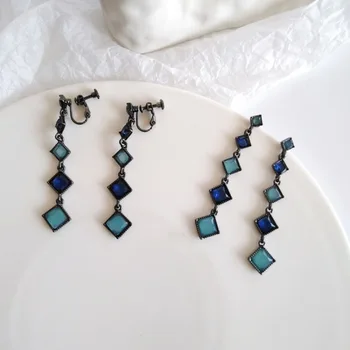 

Vintage Ethnic Style Blue Resin Geometric Square Long Dangle Earrings Temperament Girl Women Fashion Jewelry Accessories