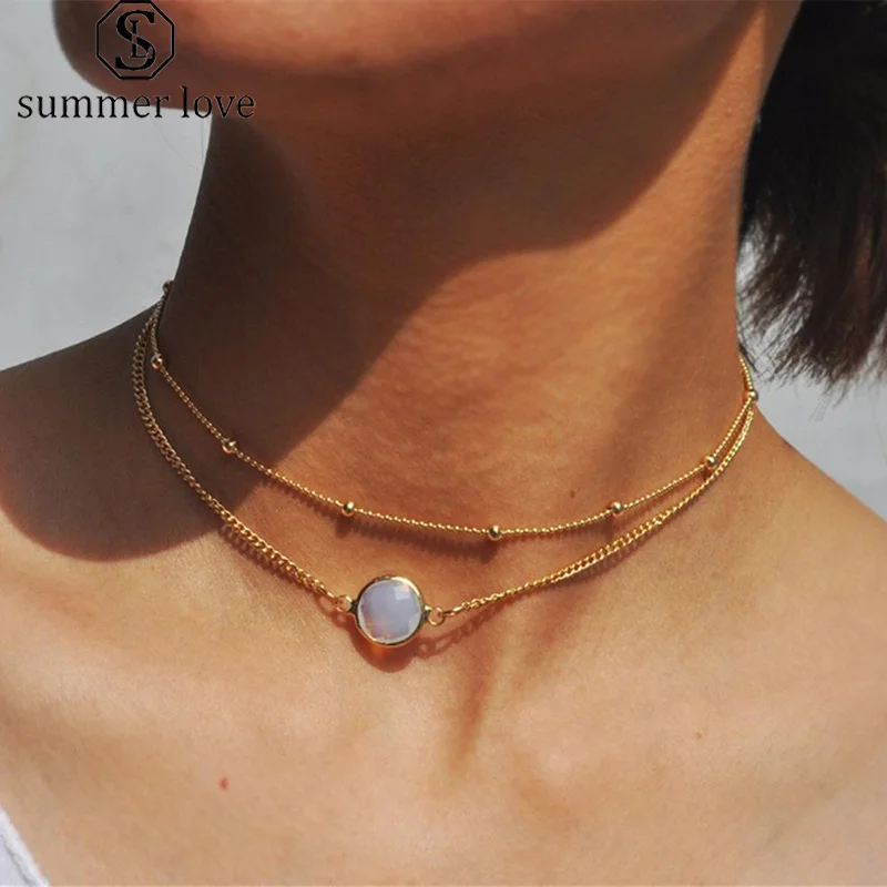 

Korean Style Multi-Layer Alloy Choker Necklace Gold Double Layers Chain Round Glass Beads Necklaces for Women Collier Femme 2019