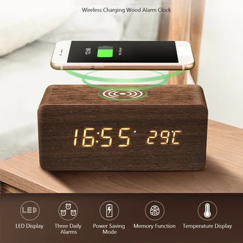 

LED Wooden Digital Alarm Clock Voice Control Temperature Display Backlight Electronic QI Wirless Charger Clock Table Home Decor