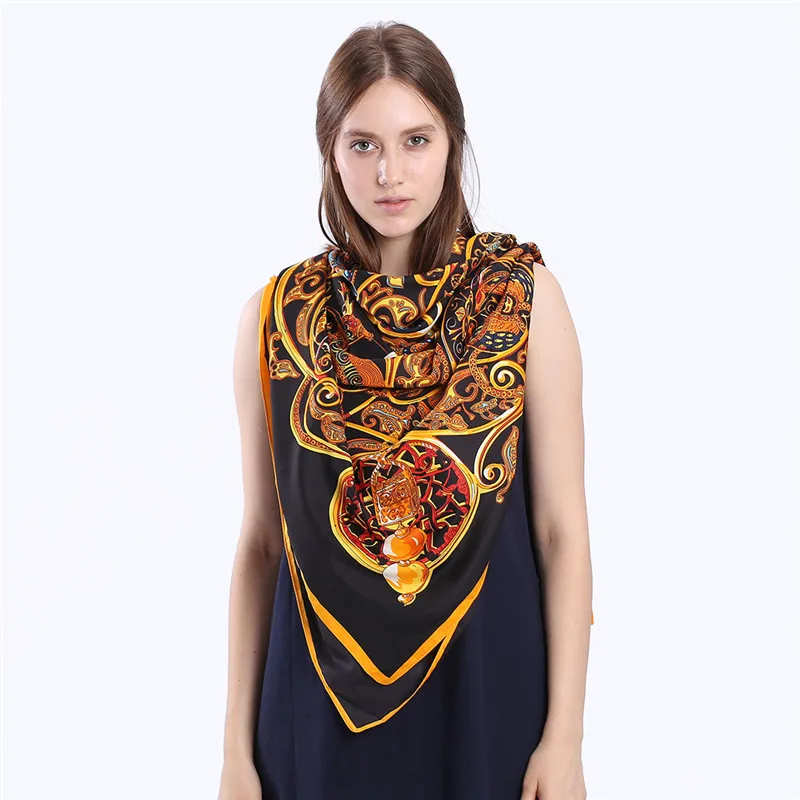 Твил шелковый шарф квадратный 130*130 см роскошный бренд дизайн платок с принтом шейный платок Обертывания Echarpe большой хиджаб шарфы для женщин