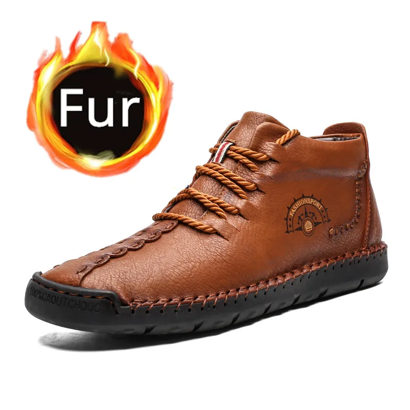 khaki-Fur Зимние ботинки мужская теплая Повседневная обувь ручной работы из натуральной кожи Мужская удобная обувь на плоской подошве со шнуровкой мужские походные ботинки Большие размеры - Цвет: khaki-Fur