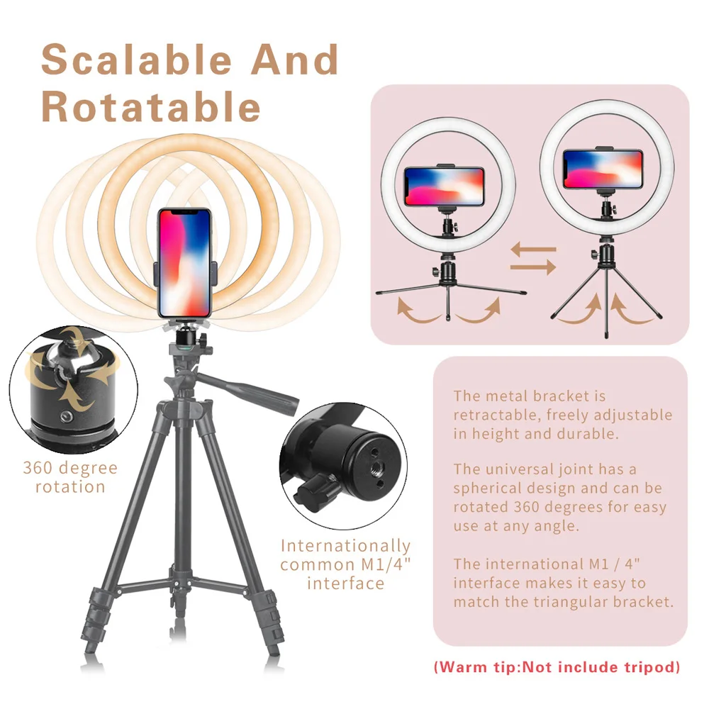 Светодиодный светильник кольцо для селфи со штативом и держателем телефона 10