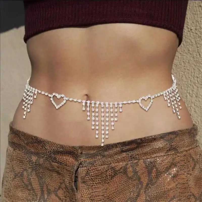 Women Rhinestone Tassel Harness Body Chain Belly Waist Bikini Necklace Jewelry