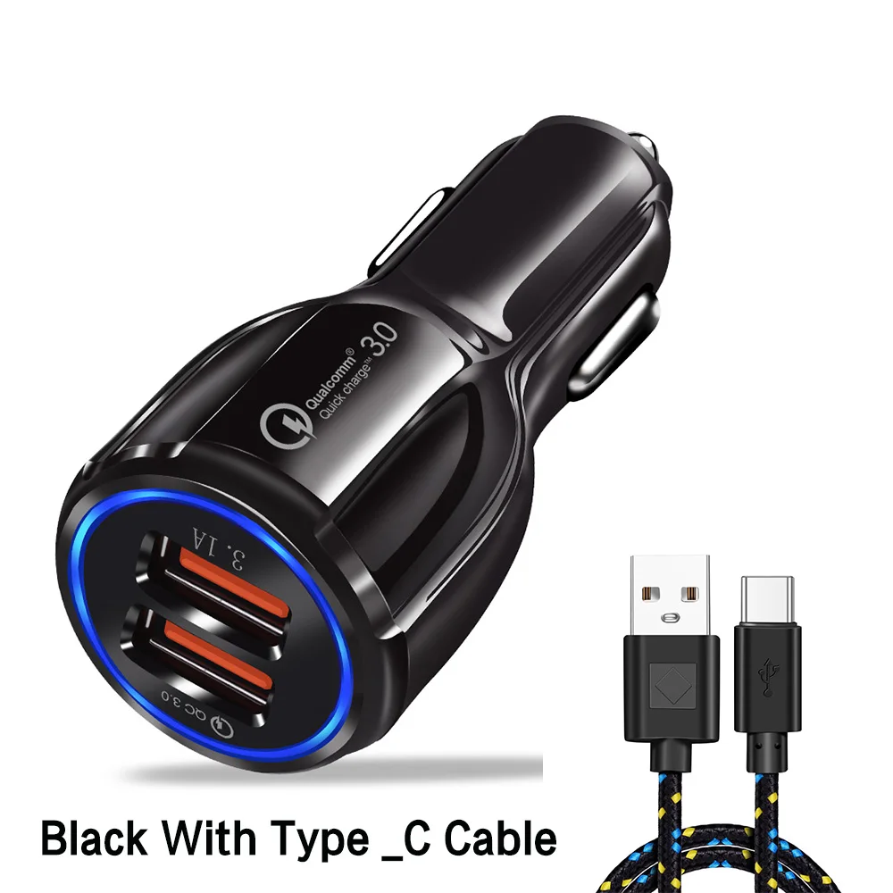 Black Type C Cable Автомобильное зарядное устройство Usb Автомобильное зарядное устройство Быстрая зарядка 3,0 Универсальный двойной USB быстрая зарядка для Iphone samsung huawei QC3.0 мобильный телефон автомобиль - Тип штекера: Black Type C Cable