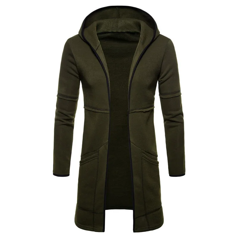 Мужское Модное теплое пальто с капюшоном, однотонный длинный рукав, длина до колена, Тренч, повседневные толстовки, негабаритный длинный кардиган, пальто