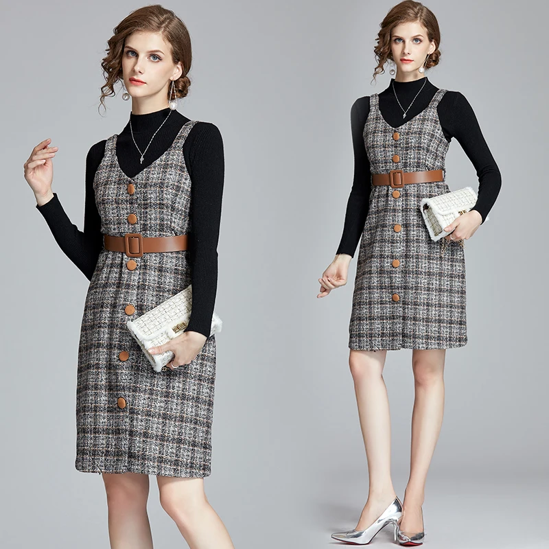 2019 Rough flower plaid skirt + trim thin shirt two-piece set(distribution belt) |