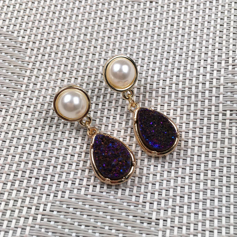 

2019 New Women Nature Stone Earrings Stud Exquisite Jewelry Handmade long drop shape Royal blue crystal cluster Stone Earring