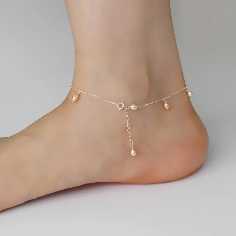 Natural Freshwater Pearl 925 Sterling Silver Anklets For Women 3-4mm pearl Foot Jewelry Silver Female Leg Chain For ASHIQI anklet bracelets silver anklets ankle chain