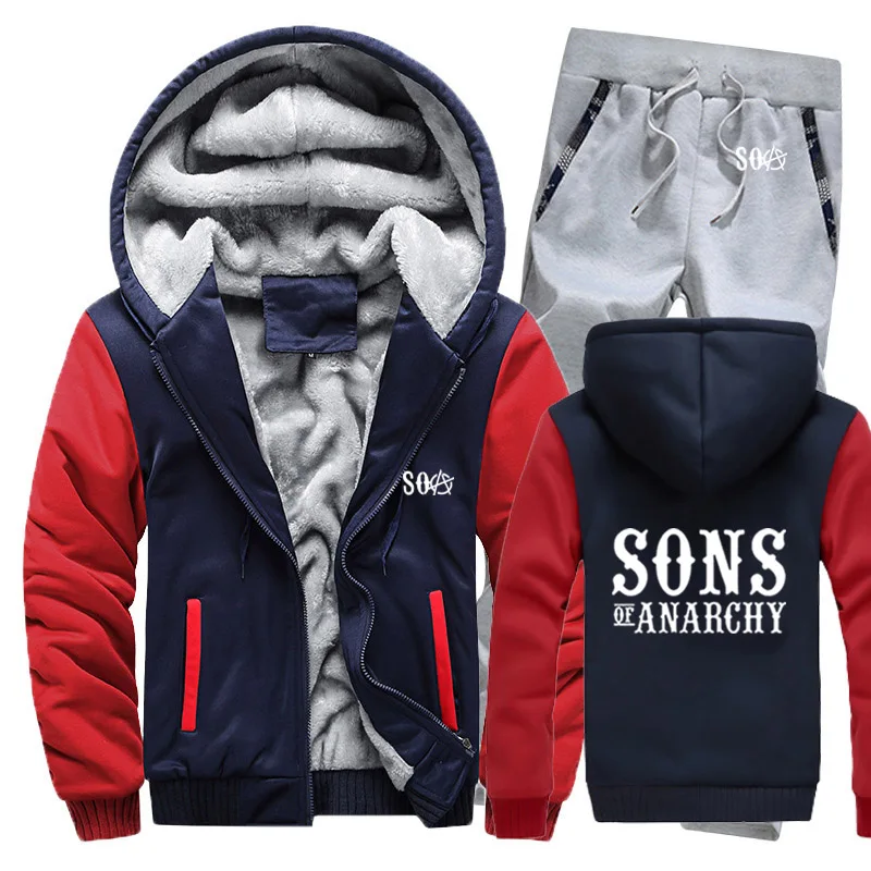 SOA Sons of толстовки анархия мужской костюм зимний флис утолщаются теплые молнии пальто толстовка мужские толстовки куртка+ брюки 2 шт. наборы