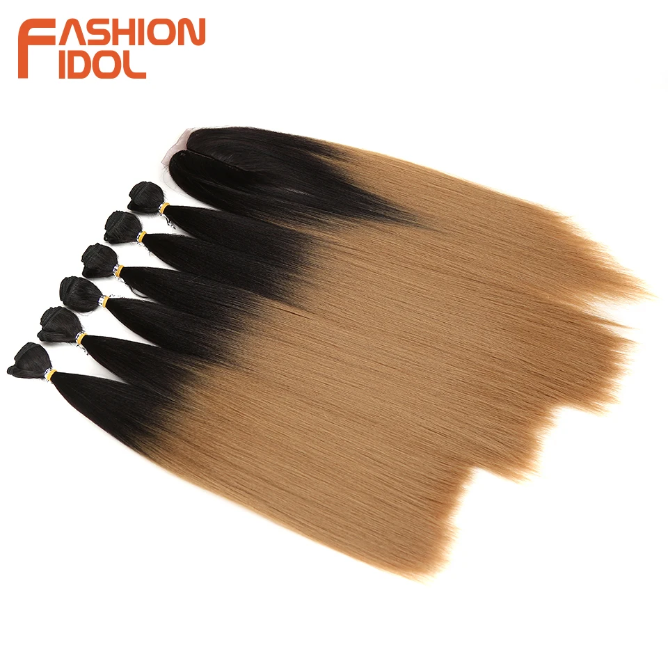 FASHION IDOL Yaki Straight Hair Bundles 7Pcs/Pack 16-20inch Ombre 613# Synthetic Hair Bundles With Closure Weave Hair Extension