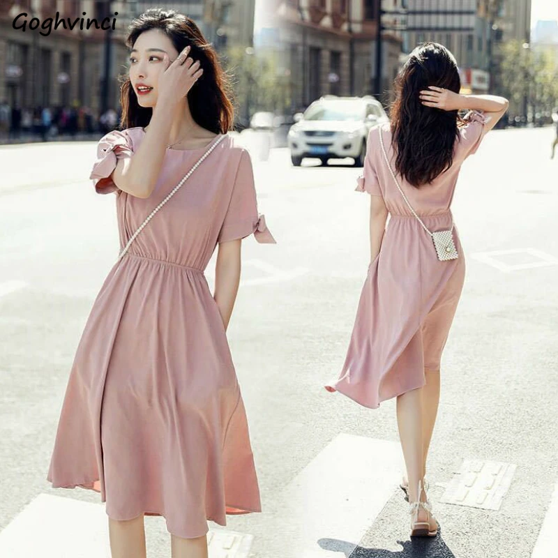 Short Sleeve Dress Women Solid Bow O-neck Leisure Chic Pleated Elegant Girls Sweet Simple Streetwear Ulzzang 2XL Loose Dresses long sleeve maxi dress