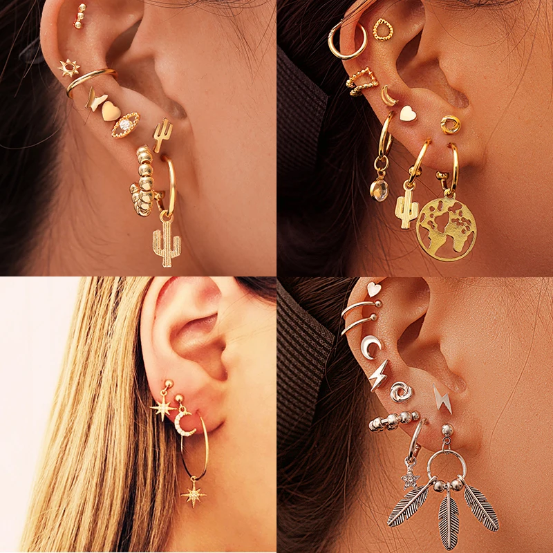 chenjbo Women Dangle Earrings Boho Vintage Moon and Star Metal Geometric Pendant Hook Earring Gold 