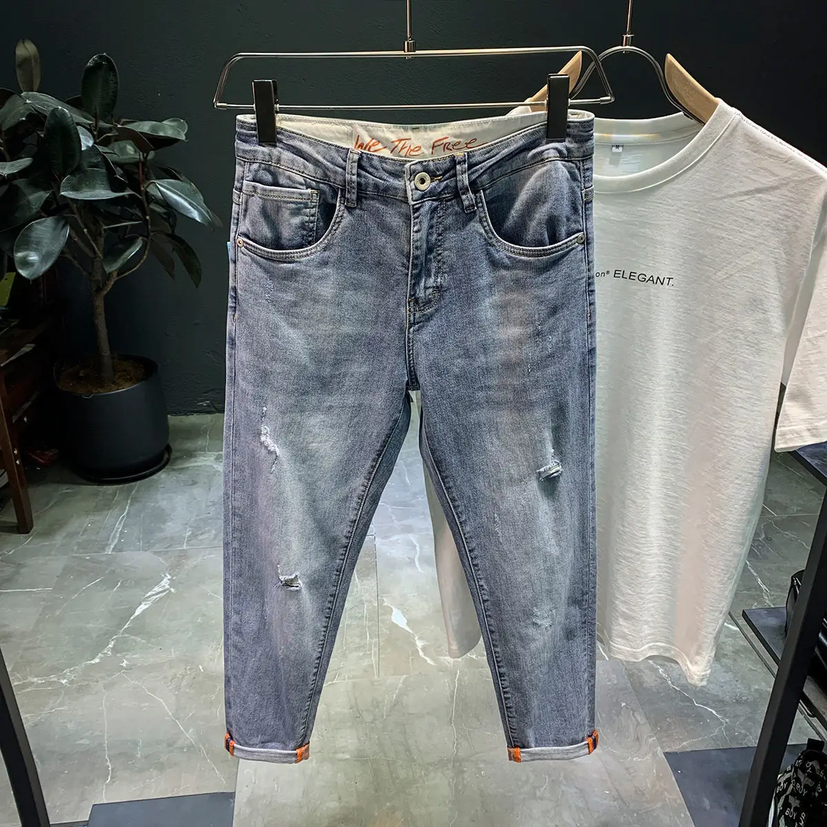 Ripped Denim jeans men's trendy brand loose summer thin elastic feet pants men's Korean harem teenagers cropped pants