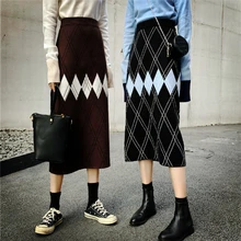 Новая осенне-зимняя женская одежда с геометрическим узором, вязаные юбки для женщин с эластичной резинкой на талии, теплая длинная юбка для женщин, Зимняя юбка SL140