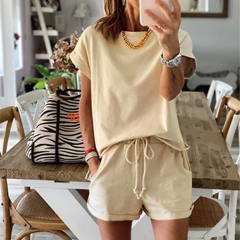 

GOOHOJIO New Casual Solid Fashion Women Two Piece Suit Summer New O-Neck Elastic Waist Loose Leisure Pajamas Set Women Homewear