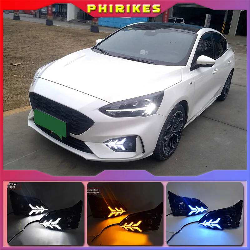 

2PCS For Ford Focus 2019 DRL Car LED Daytime Running Light fog lamp driving light with Turning Yellow Signal style Relay