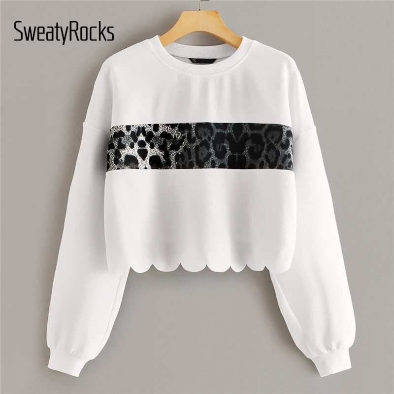 SweatyRocks, белая леопардовая панель, волнистый подол, толстовка, Женские топы с длинным рукавом, осень, пуловер для активного отдыха, Повседневная Толстовка