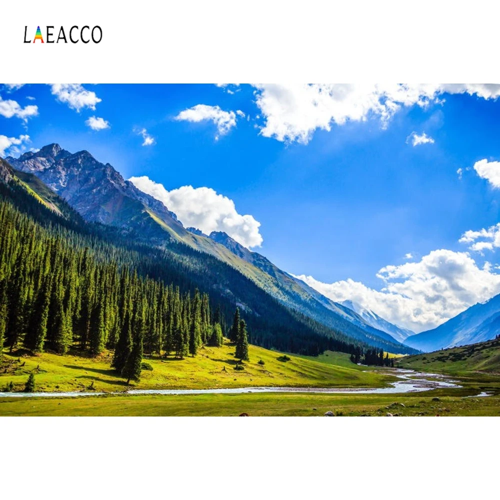 

Laeacco Cloudy Blue Sky Mountains Green Valley Stream Landscape Photography Backdrops Vinyl Customs Backgrounds For Photo Studio