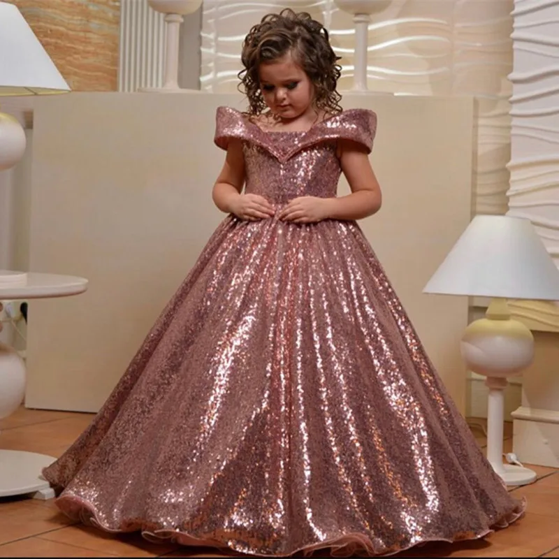 12-07Luxury Rose Gold Sequins Girls Dresses Ball Gown Lace Up Back Little Princess Birthday Party Dress Custom Made