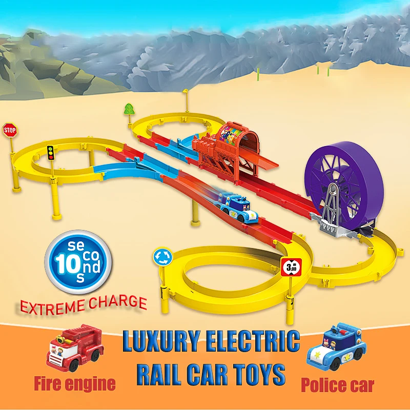 

Luxury Plastic Electric Rail Car Fire Engine Police Car Multiple Track Assembly Boy Toys Gift For Children