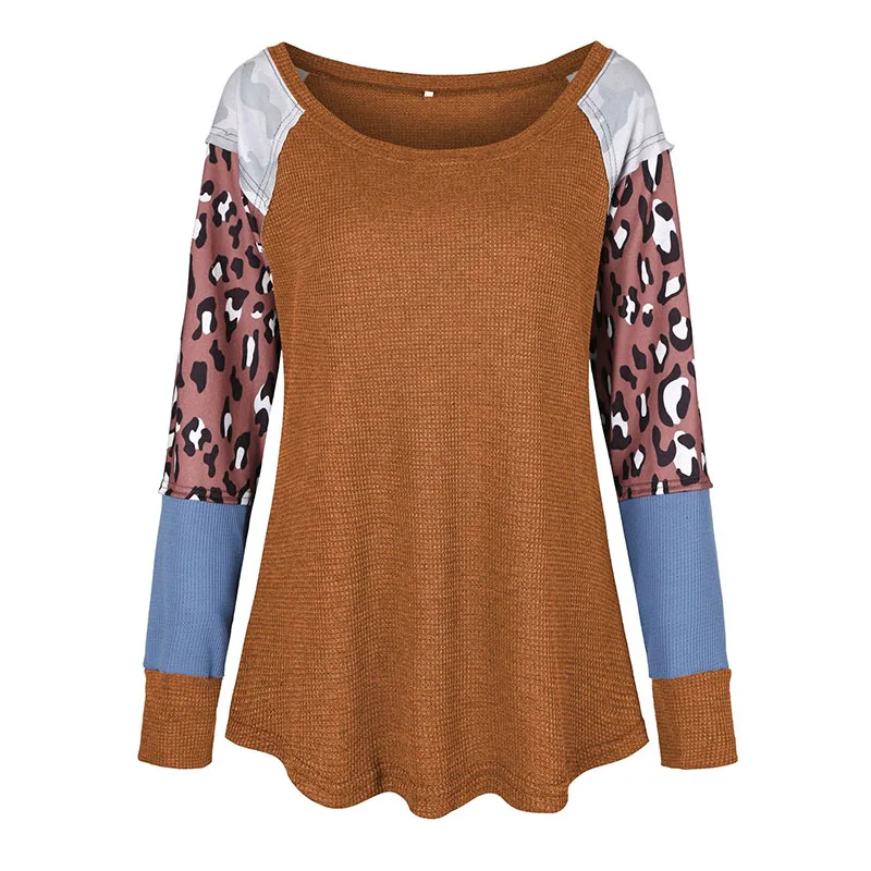 Весна Осень женская футболка с длинным рукавом Новая модная повседневная Лоскутная футболка топы с круглым вырезом пуловер тройники - Цвет: brown1