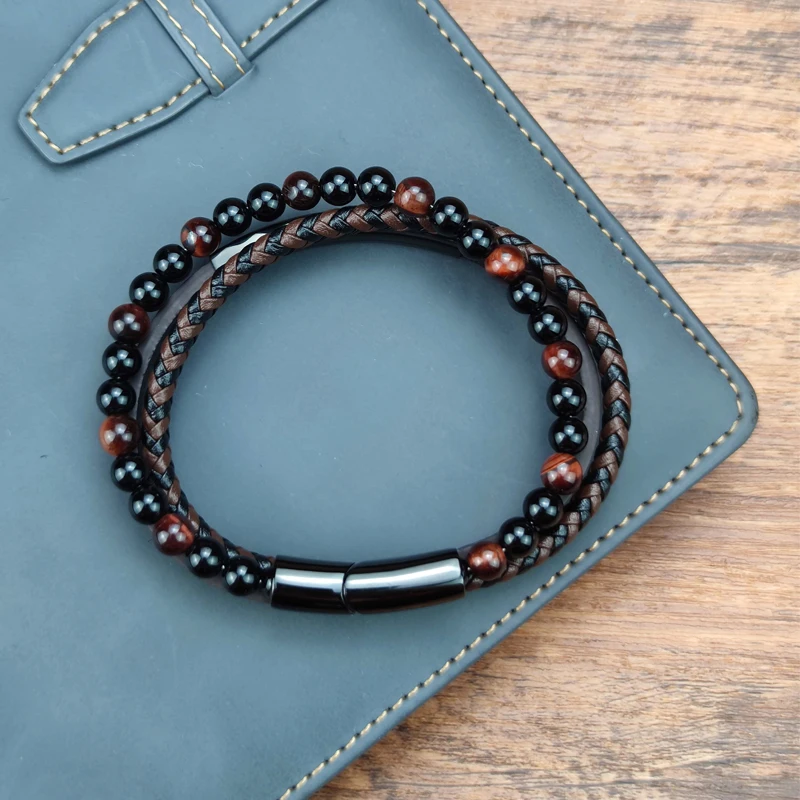 Blue Stone Bracelet Genuine Blue Leather Braided Bracelet Stainless Steel Magnetic Clasp Tiger Eye Bead Bangles Men Jewelry bracelet jewelry