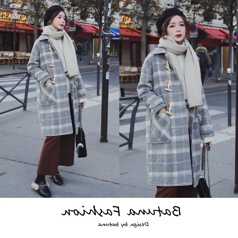

Photo Shoot INS Gray Plaid Thick Mid-length Toggle Fold-down Collar Large Pocket Elegant Ol Woolen Coat Women's