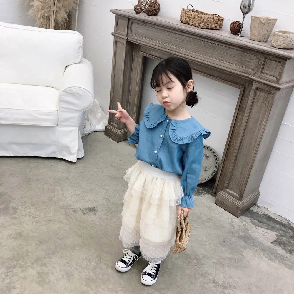 Spring And Autumn New Style Girls Tree Fungus-like Lacework Peter Pan Collar Bell Sleeve Long Sleeve Versatile Jacket Base Shir