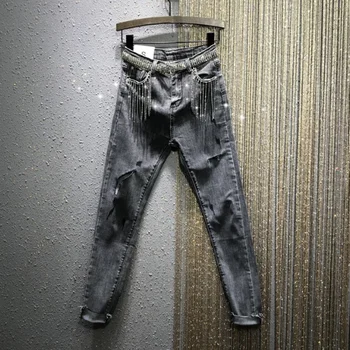 

European Grey Jeans Woman 2020 Spring New High-Waist Slim-Fit Rhinestone Tassel Pockets Ripped Denim Pencil Pants Women's Jeans
