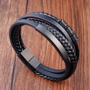 Luxury Classic Multi-layer Style Hand-woven Winding Stainless Steel Men's Leather Bracelet With Magnet Clasp For Men's Jewelry