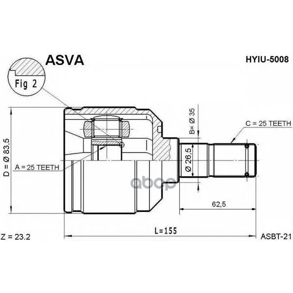 Шрус Внутренний Hyundai Elantra/Lantra 1996-/25*35*25 ASVA арт. HYIU5008