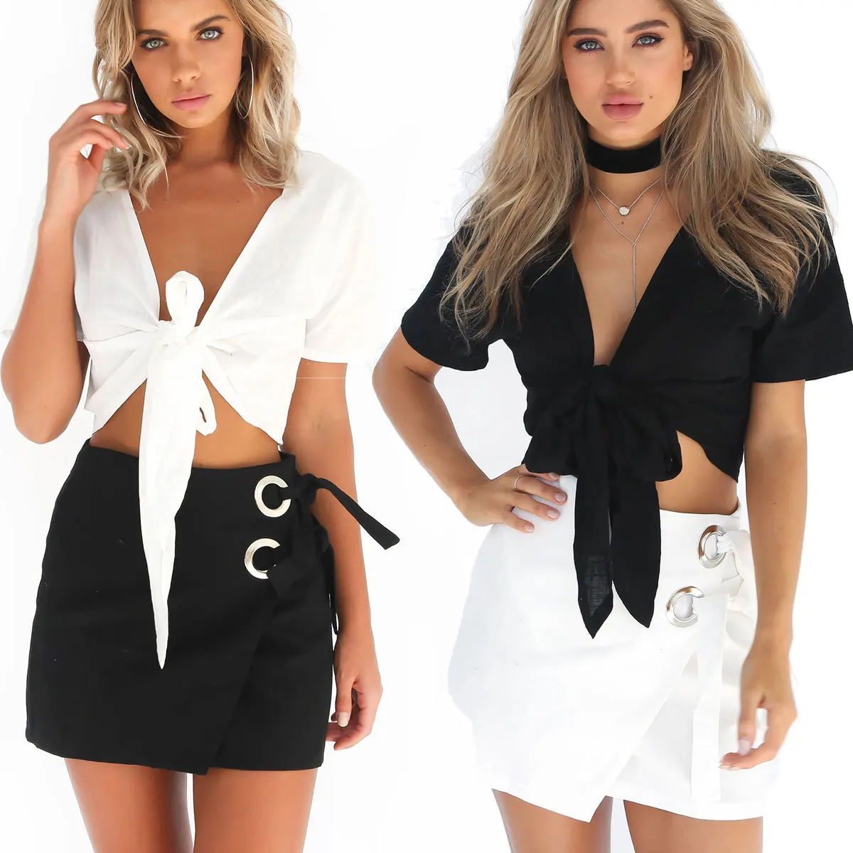 

Fashion Women Casual Sexy V-neck Short Sleeve Tops Bow-tied Tops