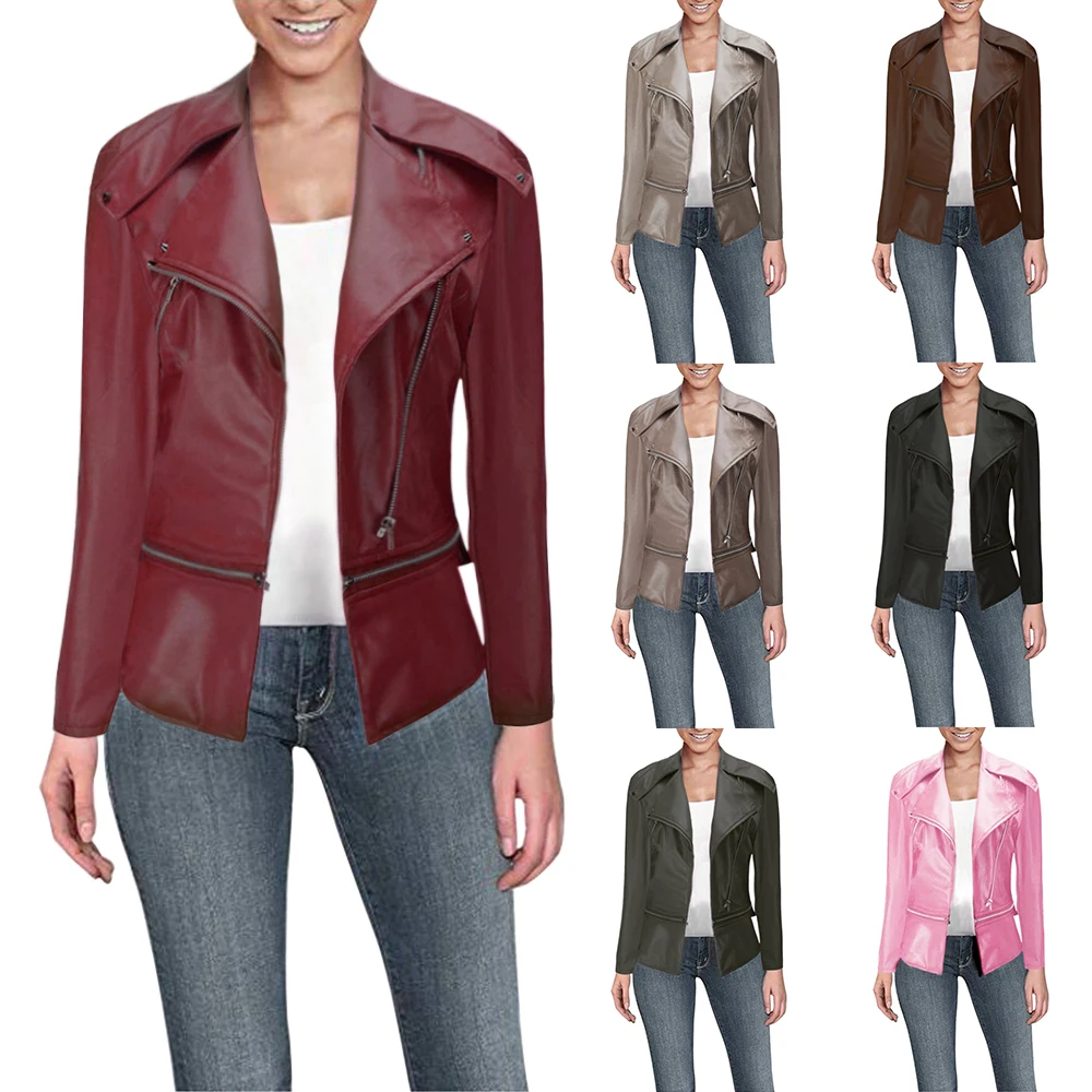 

2019 Women's PU Leather Jacket Coat Zip Up Slim Fit Motorcycle Outerwear Short Casual Tops Outfit Ladies Flight Turn-down Collar