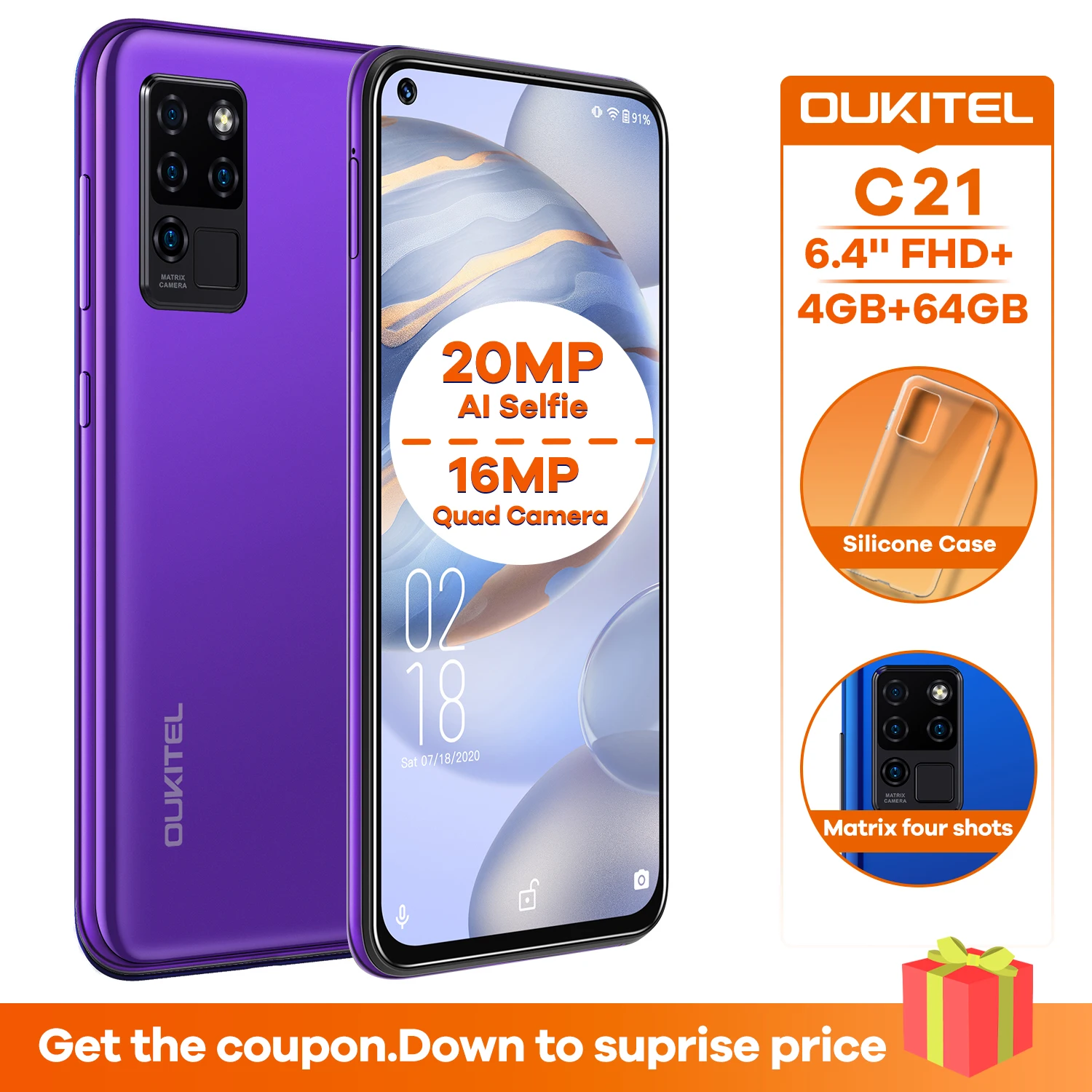 OUKITEL C21 Quad Камера Android 10 OS смартфон 6 4 '񠌐 мА/ч 20MP FHD + безрамочный экран полный