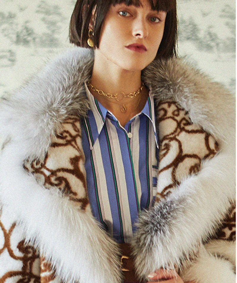 Ftangaiur Winter Import Velvet Mink Coat With Fox Fur Collar Print Soft Natural Fur Coat Women's Long Real Mink Fur Coats