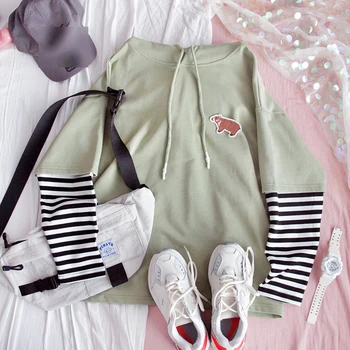 

Women Fake two Piece Hoodie Sweatshirt Hooded Loose Ins Student Harajuku Stripe Splice Casual Sweet pullover Tops Preppy Style