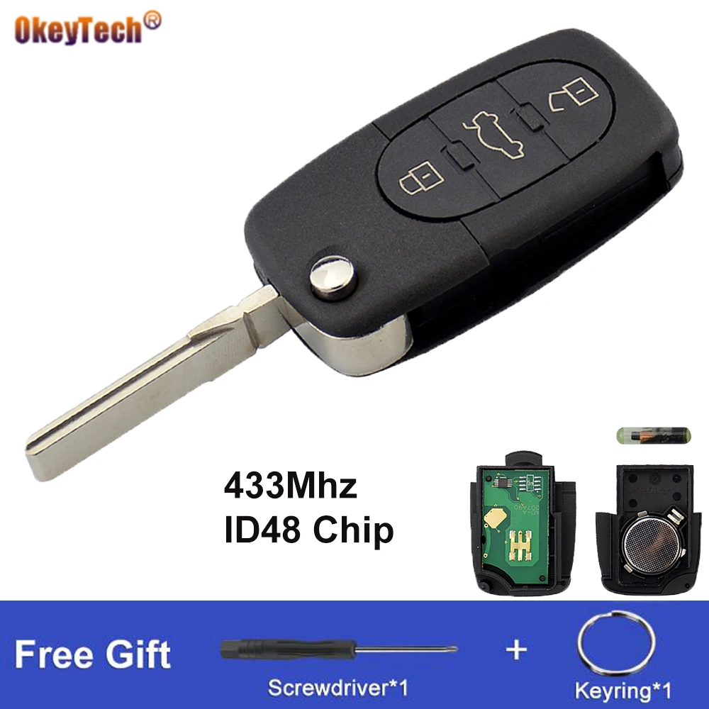OkeyTech 3 Button Flip Remote Control Car Key For Audi A3 A4 A6 A8 B5 TT RS4 Quattro Old Models