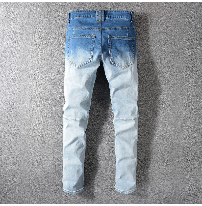 Seveyfan Марка NEW FASHION Hi Street Для мужчин; обтягивающие джинсы для езды на мотоцикле синий градиент плиссированные джинсы для байкеров брэнда джинсы для мужчин