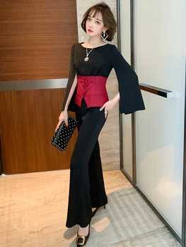 

Design sense color matching split sleeve fake two-piece top + high waist flared pants suit women's 2020 autumn new